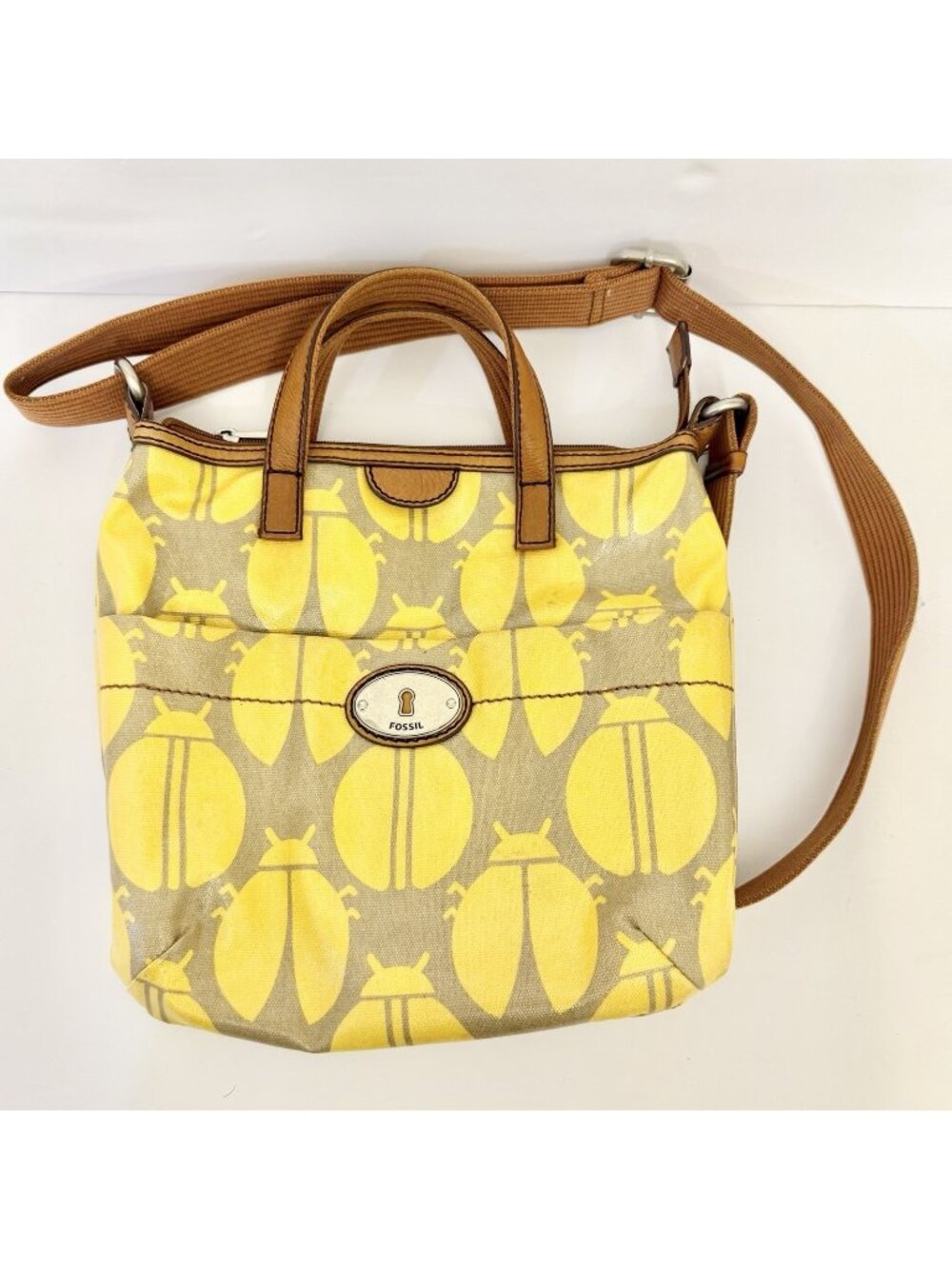 Fossil Key-Per Bag Yellow Ladybug Print Coated Canvas & Leather Crossbody Tote